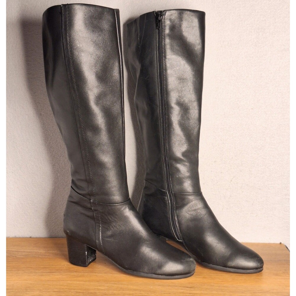 Vionic Tahlia Women’s 7.5 Black Leather Knee High Boots Almond Toe Zip Tall